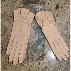 New Vintage Women's Size S 6 Tan Formal 9.5" Gloves Cotton Smocked Pretty